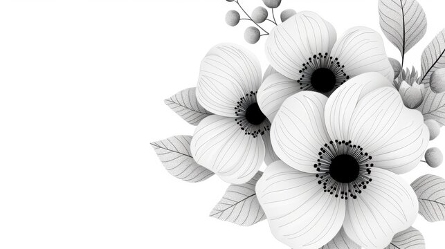 Intricate floral designs in black and white, characterized by crisp lines and clean outlines ideal for coloring book enthusiasts. These botanical illustrations provide a soothing and uncomplicated
