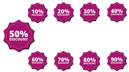 Different discount price 10, 20, 25, 30, 40, 50, 60, 70, 80, 90 percent Promotion sticker badge set for shopping marketing and advertisement. vector illustration