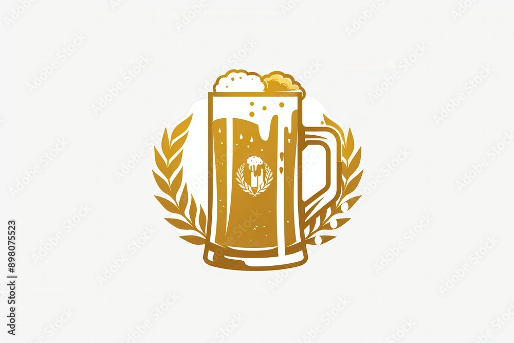Poster A simple logo design featuring a golden beer mug with foam, surrounded by a wheat wreath. Generative AI