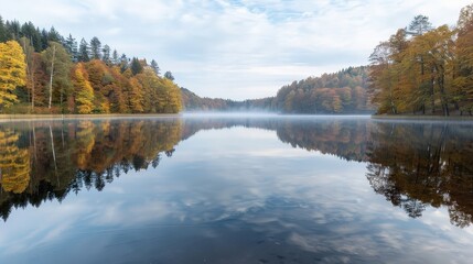 Fototapeta premium Tranquil Autumn Morning at Misty Lake - Panoramic View of Vibrant Trees with Soft Hues and Deep Depth of Field