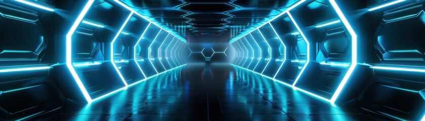 Futuristic blue neon-lit tunnel with a sleek, modern design, ideal for sci-fi themes, technology backgrounds, or digital art projects.