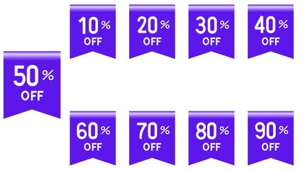 Different discount price 10, 20, 25, 30, 40, 50, 60, 70, 80, 90 percent Promotion sticker badge set for shopping marketing and advertisement. vector illustration
