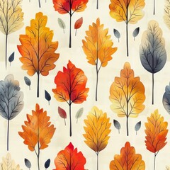 Obraz premium A painting of trees with leaves in various colors, including red, orange
