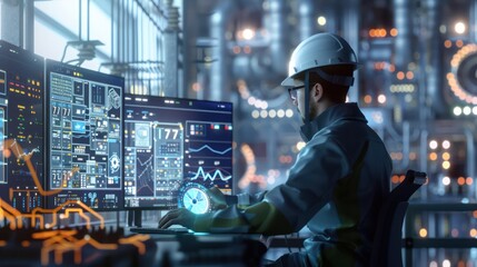 urban smart grid monitoring station where engineers use IoT devices to manage and optimize city energy usage through a digital interface