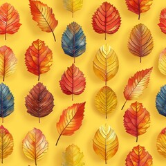 Obraz premium A yellow background with a pattern of leaves in various colors