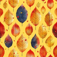 Obraz premium A yellow background with a pattern of leaves in various colors