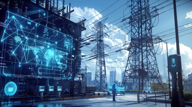 urban smart grid monitoring station where engineers use IoT devices to manage and optimize city energy usage through a digital interface