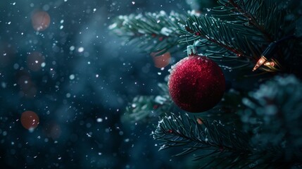 Obraz premium Red Christmas Ornament on Snowy Pine Tree Branch with Festive Lights in Winter Night