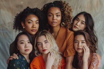 Obraz premium Diverse women of various skin colors, nationalities, and hair types, including albinos and dark-skinned individuals, embodying inclusivity and diversity. Ideal for awareness campaigns