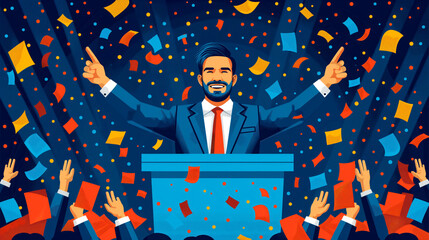 Illustration of a happy man in a suit and tie standing at a podium celebrating on stage, surrounded by confetti and cheering crowd
