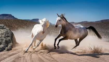 砂漠地帯に2頭の馬が走っています。1頭は白馬でもう1頭は白と茶色のブチのアパルーサです。2頭ともものすごい砂煙を上げながらまるでレースしているかのような激しい走り。