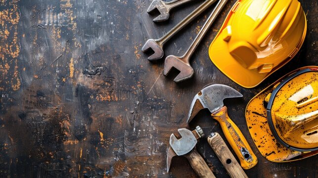 Labor Day background featuring tools, hard hats, symbolizing the celebration of workers and their contributions. Perfect for greeting cards, advertisements, and social media posts