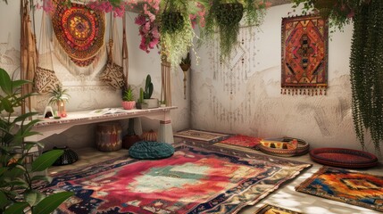bohemian-inspired workspace with a low sitting desk, colorful rugs, and hanging plants