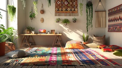 bohemian-inspired workspace with a low sitting desk, colorful rugs, and hanging plants