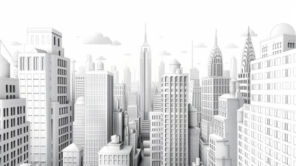 A clean and detailed cityscape in black and white, featuring crisp lines and precise outlines, tailored for a coloring book. The image captures the urban environment's essence with its architectural