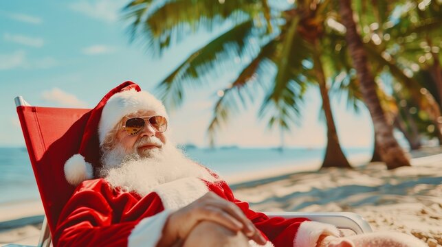 Santa Relaxing on a Tropical Beach Under Palm Trees in Sunny Weather