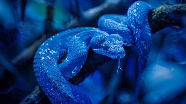 A blue viper snake on a on a viperous branch of tree, close up