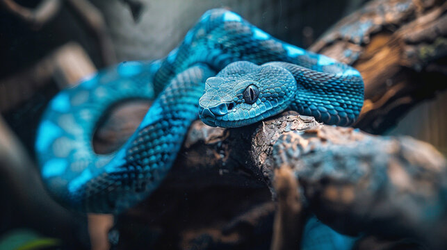 A blue viper snake on a on a viperous branch of tree