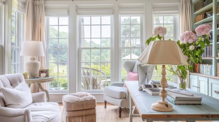 Fototapeta premium bright and airy home office with pastel-colored furniture, large windows, and a comfortable reading chair