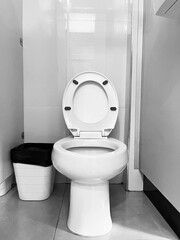A white toilet bowl, toilet in the bathroom, White toilet bowl in the bathroom, Interior of bathroom with Toilet bowl and with paper roll. White Ceramic toilet bowl