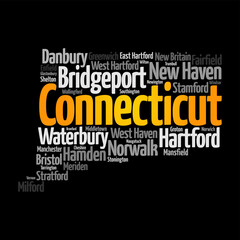 Connecticut is a U.S. state in southern New England that has a mix of coastal cities and rural areas dotted with small towns, word cloud concept background