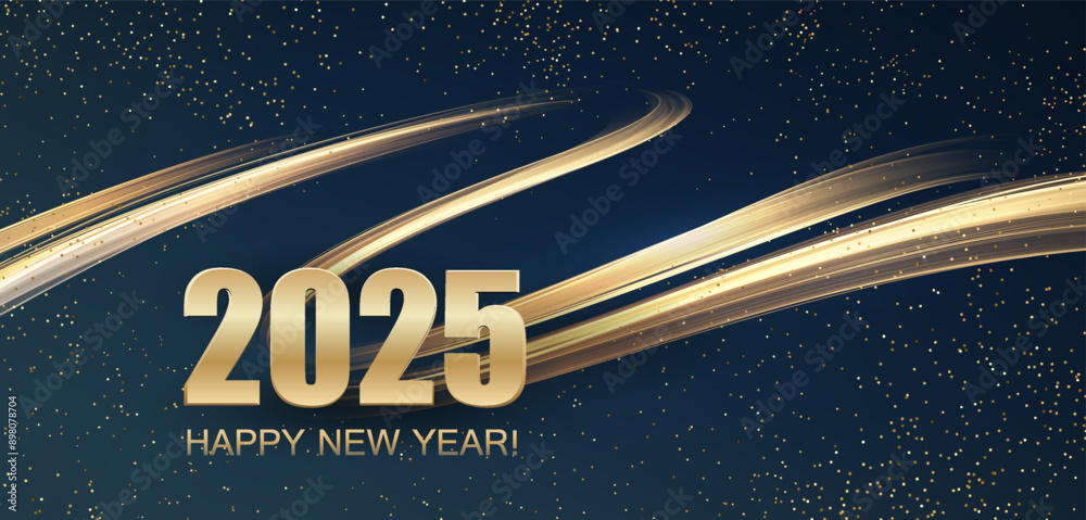 Poster 2025 New Year Abstract shiny color gold wave design element
