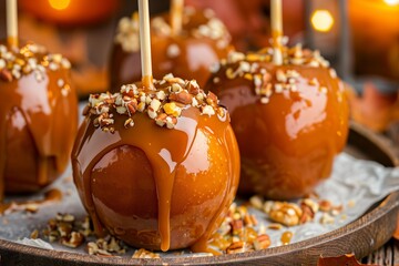 delicious caramel apples, perfectly coated with a shiny layer of caramel and dipped in chopped nuts at the bottom