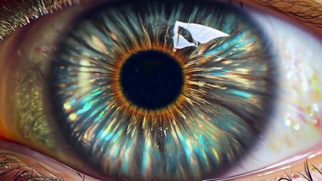Extreme close up of a blue human dilated pupil looking around.