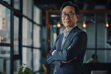 Obraz premium Portrait of an Asian CEO in a corporate setting, Generative AI
