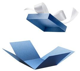 Blue color open gift box with ribbon