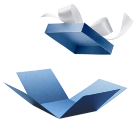 Blue color open gift box with ribbon