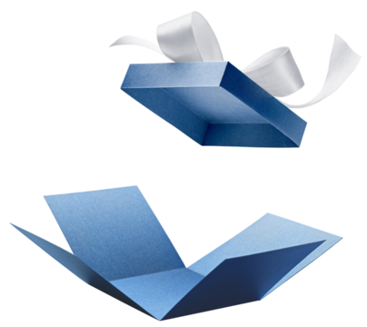 Blue color open gift box with ribbon