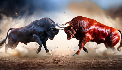 8Kリアリスティック画像、２頭の巨大な牛が角を向けて戦っています。周囲はものすごい砂ぼこりに包まれています。