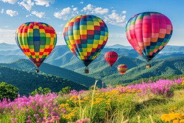 Naklejka premium Colorful hot air balloons soar above mountains and meadows during a stunning sunset