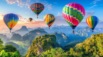 Obraz premium Colorful hot air balloons drifting over sunset mountains and meadows for a picturesque view