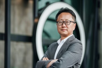 Portrait of an Asian CEO in front of a company logo, Generative AI
