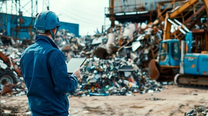 A young male worker in a recycling uniform focused on a tablet in front of a garbage mountain at a sorting facility, showcasing the role of technology in waste management operations.