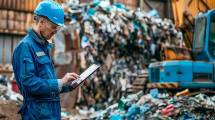 A young male technician in recycling uniform holding a tablet while standing in front of a garbage mountain, emphasizing how technology enhances efficiency in waste management.