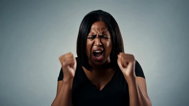 Woman expressing intense anger with clenched fists and shouting in front of a gray background