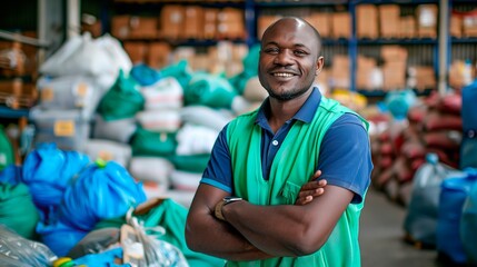 A smiling African American worker in uniform examining household waste for recycling at a garbage sorting facility, promoting environmental conservation and waste management awareness.
