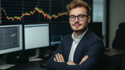 Fototapeta premium Forex Expert in a Navy Suit with Financial Charts in an Office Setting