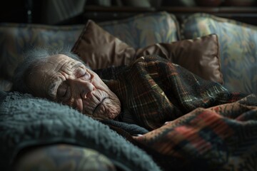 Close-up of a patient experiencing fatigue, lying on a couch looking exhausted, hyper-realistic, high detail, photorealistic,