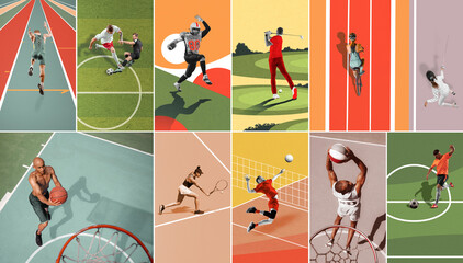 Colorful collage made of various athletes of different sports in motion on sport arenas playing,...