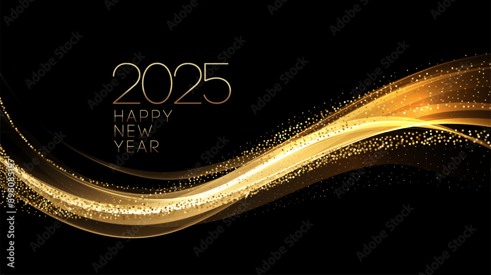 Poster 2025 New Year Abstract shiny color gold wave design element