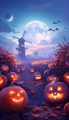 Fototapeta premium Full moon, haunted windmill, glowing pumpkins, spooky night, Watercolor style
