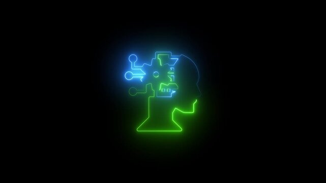 Neon icon with silhouette man head gears. Mental health concept. Business concept.
