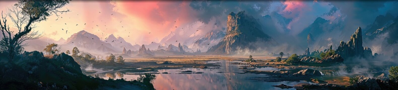Beautiful Fantasy Landscape with Trees and Rocky Limestone Cliffs. Creative Natural Background with Reflective Lake. Panoramic Nature Concept.