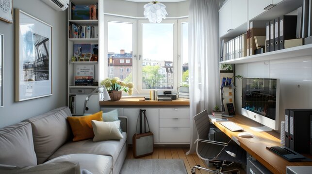 compact home office in a tiny urban apartment, cleverly designed with space-saving furniture and multifunctional features