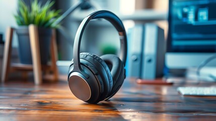 Premium over ear noise cancelling headphones elegantly showcased on a wooden desk ideal for enhancing any tech setup with sleek design and superior sound for music lovers and professionals