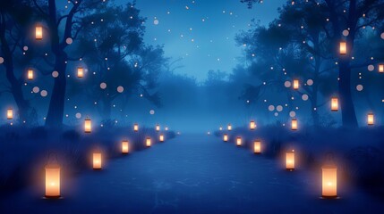 Halloween lanterns, glowing on dark path, eerie ambiance, Watercolor style